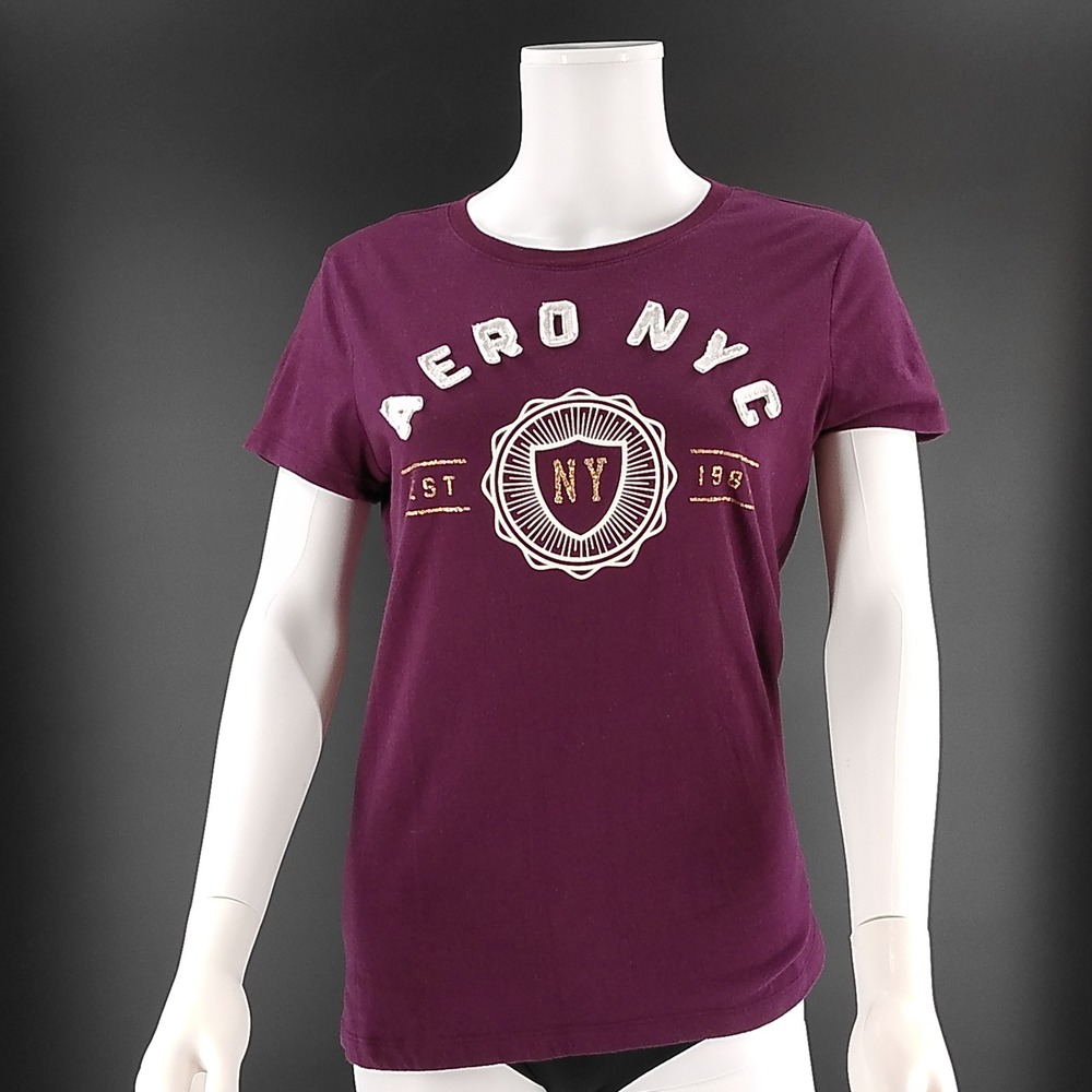 Aeropostale Classic Crew T-Shirt Womens Large Burgundy Aero NYC Graphic 4171AF18